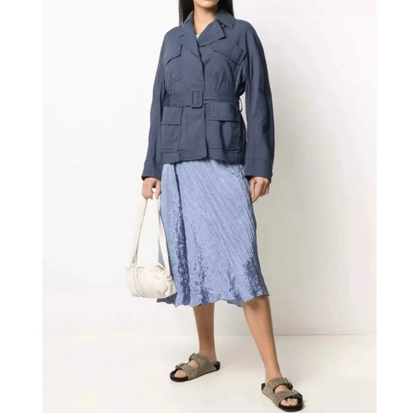 Vince Jackets & Blazers - Vince Large Belted Drape Linen Blend Utility Collared Jacket Deep Azul Blue